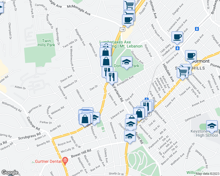 map of restaurants, bars, coffee shops, grocery stores, and more near in Mount Lebanon