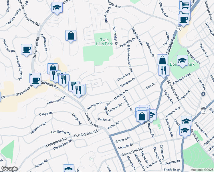 map of restaurants, bars, coffee shops, grocery stores, and more near 636 Robinwood Drive in Pittsburgh