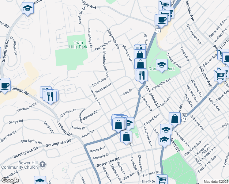 map of restaurants, bars, coffee shops, grocery stores, and more near 250 Morrison Drive in Pittsburgh
