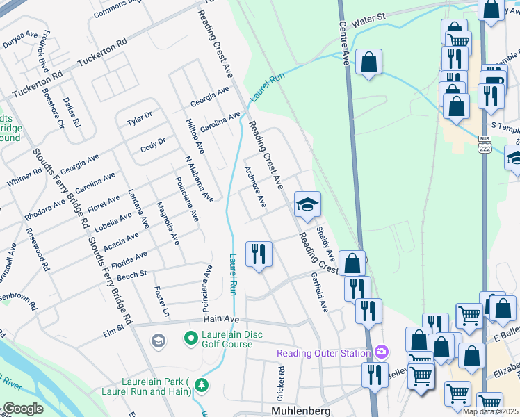 map of restaurants, bars, coffee shops, grocery stores, and more near 314 Alabama Avenue in Reading
