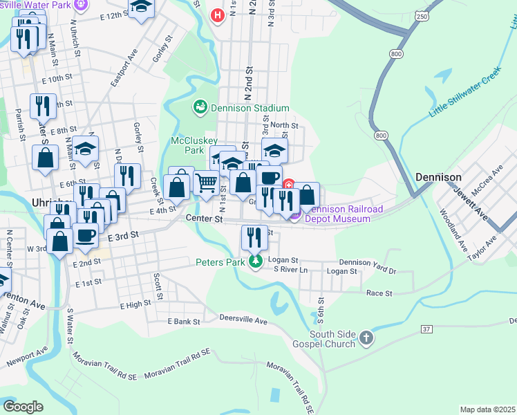 map of restaurants, bars, coffee shops, grocery stores, and more near 228 Grant Street in Dennison