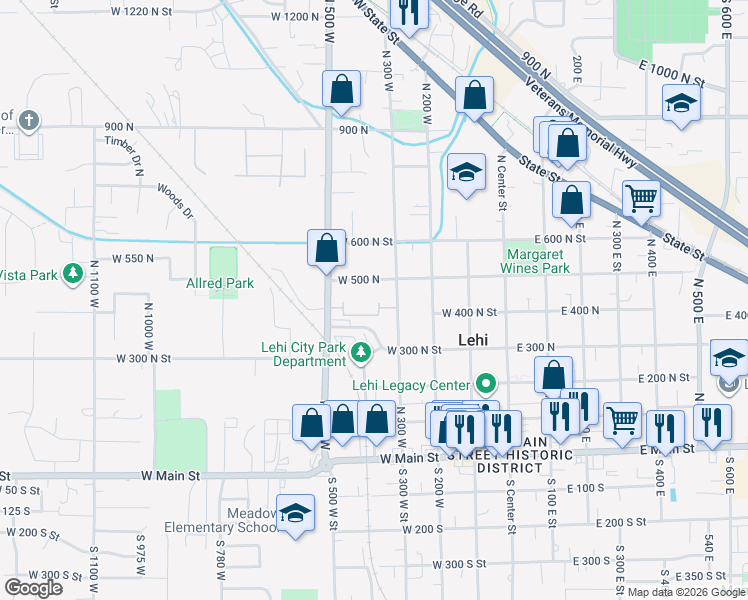 map of restaurants, bars, coffee shops, grocery stores, and more near 430 North 470 West in Lehi