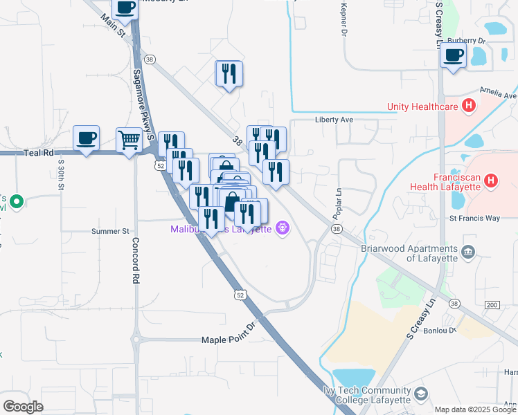 map of restaurants, bars, coffee shops, grocery stores, and more near 2415 Sagamore Parkway South in Lafayette