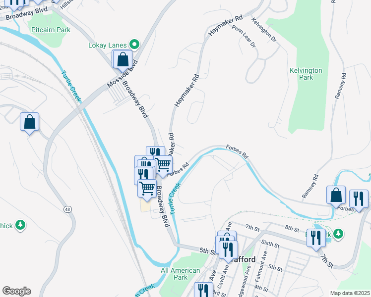 map of restaurants, bars, coffee shops, grocery stores, and more near 1876 Haymaker Road in Monroeville