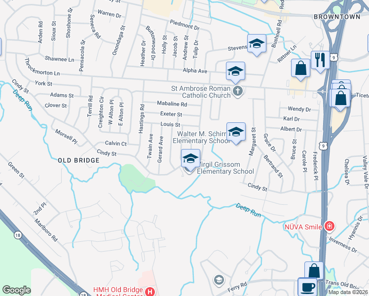 map of restaurants, bars, coffee shops, grocery stores, and more near 9 Kenneth Avenue in Old Bridge
