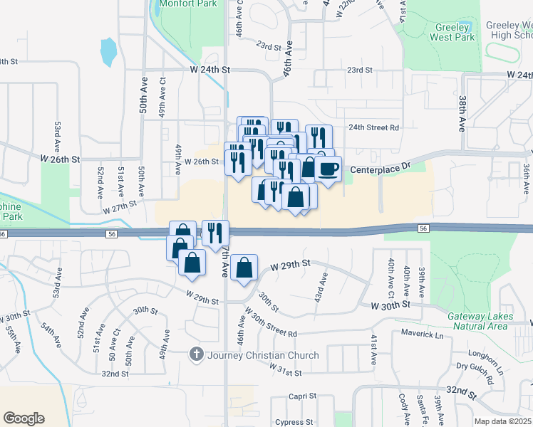 map of restaurants, bars, coffee shops, grocery stores, and more near 4650 Centerplace Drive in Greeley