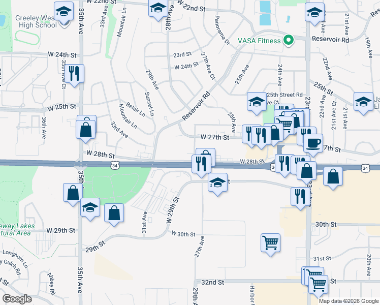 map of restaurants, bars, coffee shops, grocery stores, and more near 2730 28th Avenue in Greeley