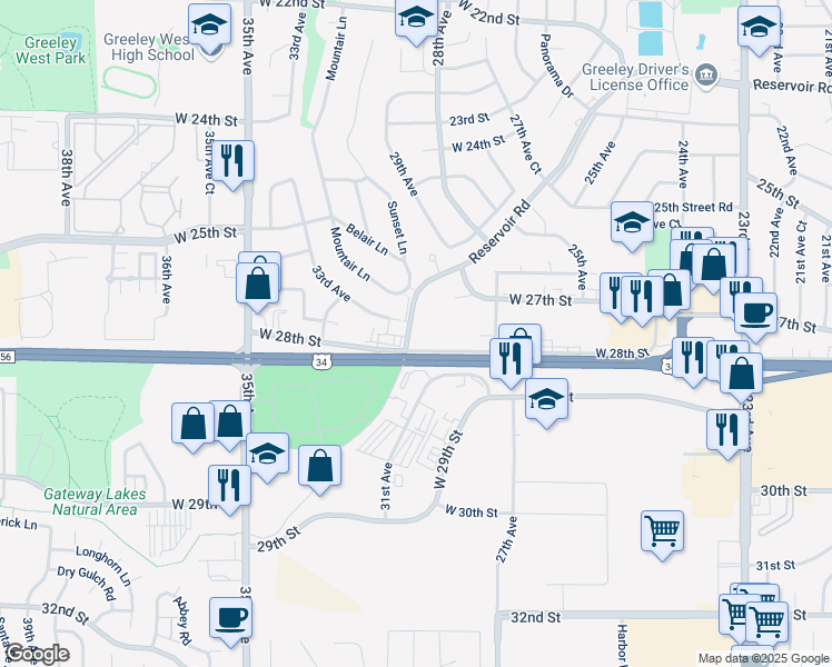map of restaurants, bars, coffee shops, grocery stores, and more near 2715 Sunset Lane in Greeley