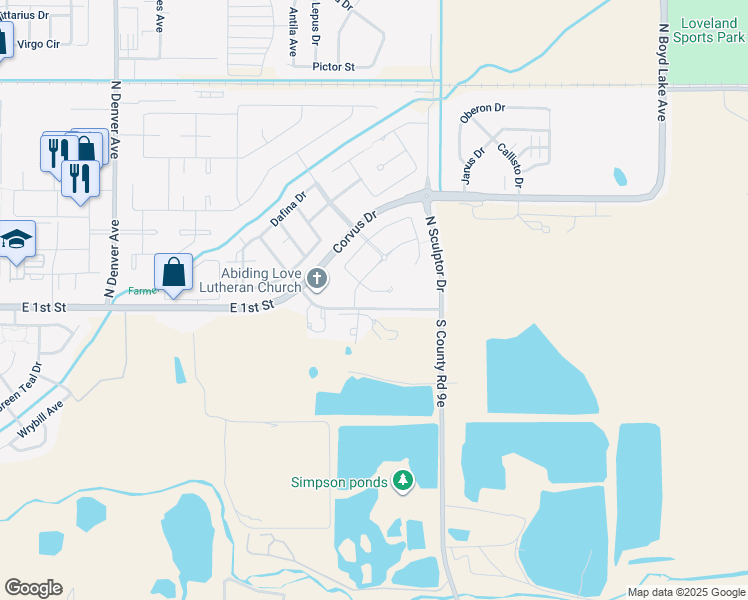 map of restaurants, bars, coffee shops, grocery stores, and more near 142 Vela Court in Loveland