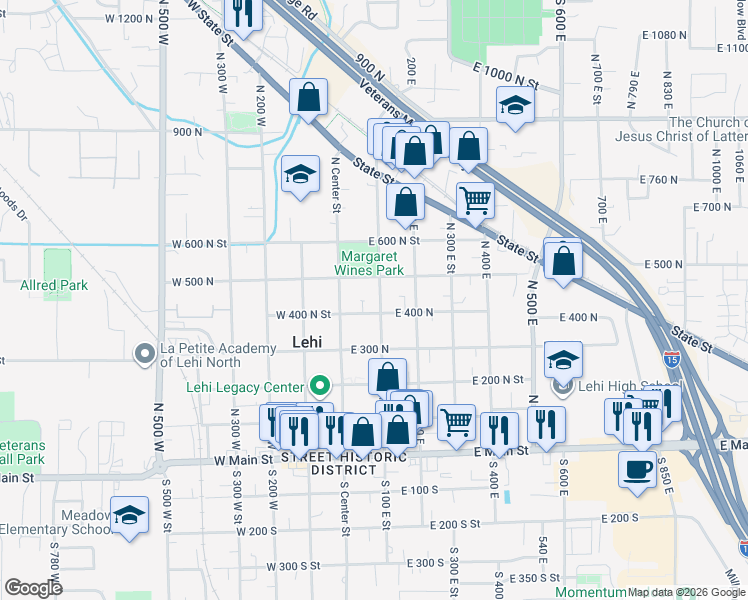 map of restaurants, bars, coffee shops, grocery stores, and more near 492 North 100 East in Lehi