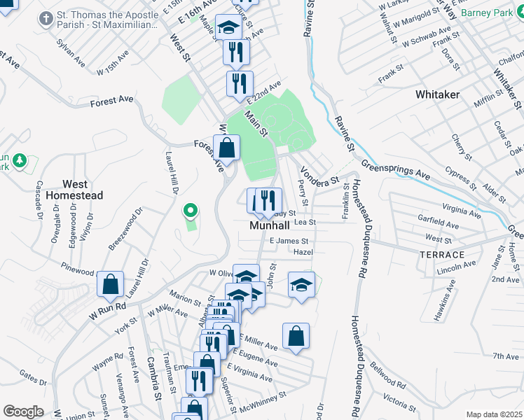 map of restaurants, bars, coffee shops, grocery stores, and more near 2514 Main Street in Munhall