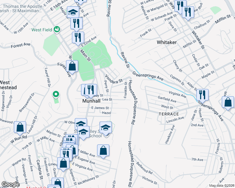 map of restaurants, bars, coffee shops, grocery stores, and more near 233 Mary Street in Munhall