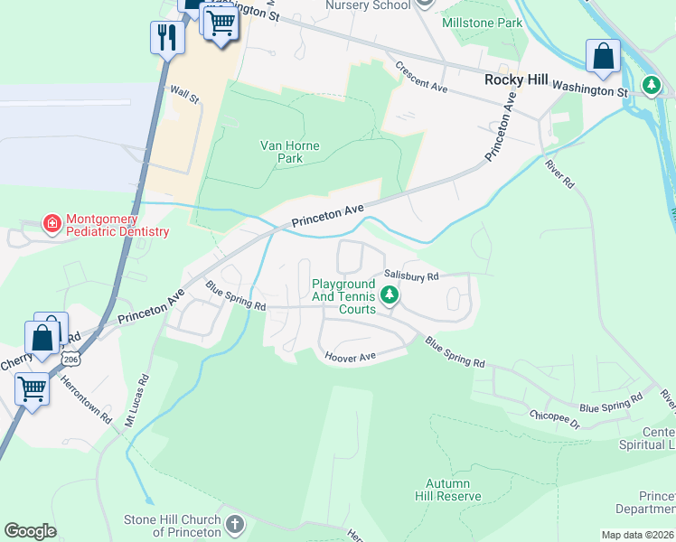 map of restaurants, bars, coffee shops, grocery stores, and more near 51 Castleton Road in Princeton