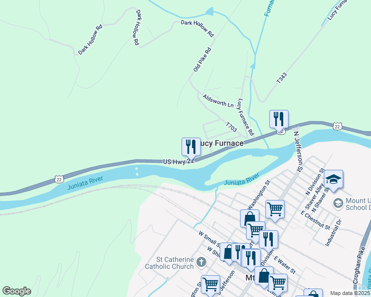 map of restaurants, bars, coffee shops, grocery stores, and more near Substation Road in Mount Union
