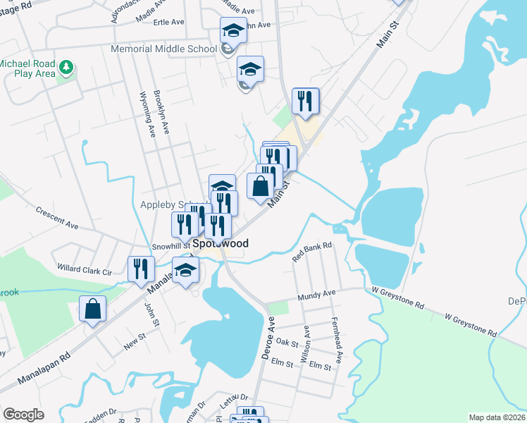 map of restaurants, bars, coffee shops, grocery stores, and more near 441 Manalapan Road in Spotswood