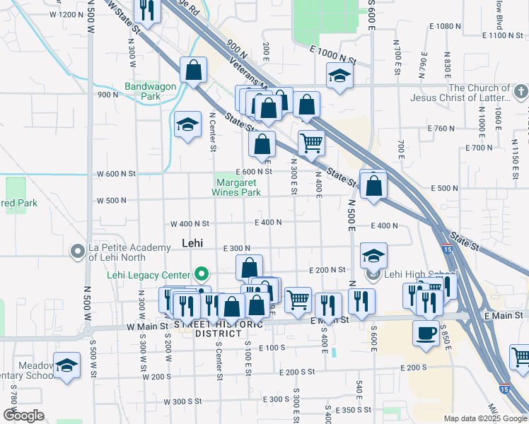 map of restaurants, bars, coffee shops, grocery stores, and more near 443 North 200 East Street in Lehi