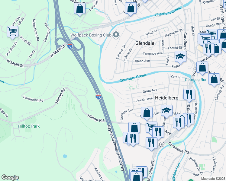 map of restaurants, bars, coffee shops, grocery stores, and more near 689 Grant Avenue in Heidelberg