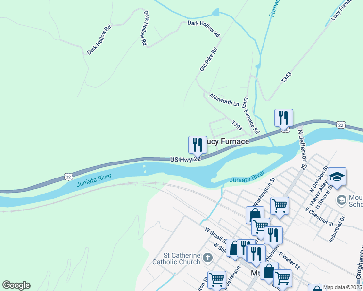 map of restaurants, bars, coffee shops, grocery stores, and more near Substation Road in Mount Union