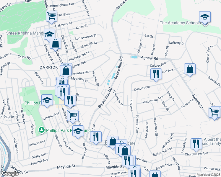 map of restaurants, bars, coffee shops, grocery stores, and more near 241 Becks Run Road in Pittsburgh