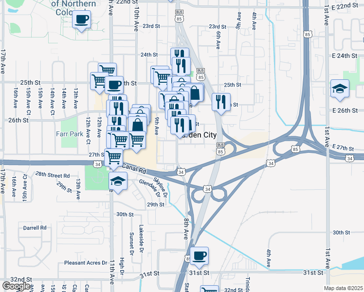 map of restaurants, bars, coffee shops, grocery stores, and more near 2750 8th Avenue in Garden City