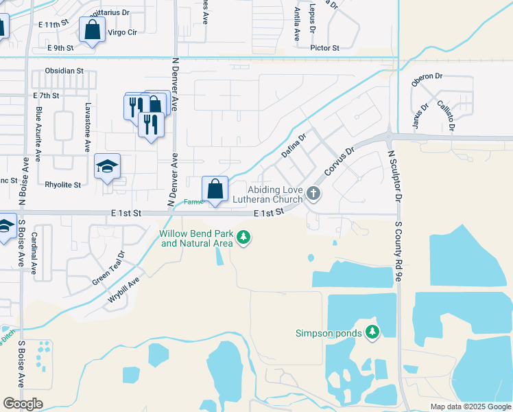 map of restaurants, bars, coffee shops, grocery stores, and more near 105 Carina Circle in Loveland