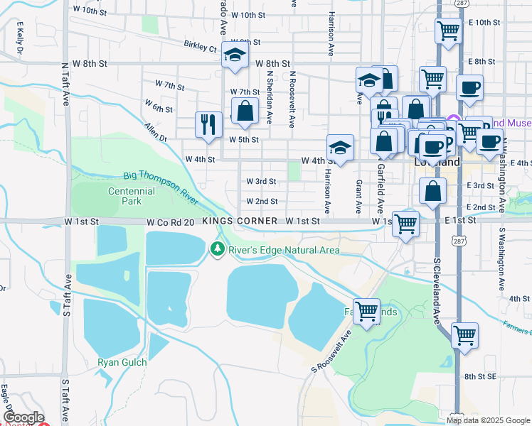 map of restaurants, bars, coffee shops, grocery stores, and more near 620 West 2nd Street in Loveland