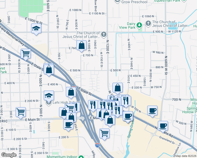 map of restaurants, bars, coffee shops, grocery stores, and more near 1188 East 500 North in Lehi