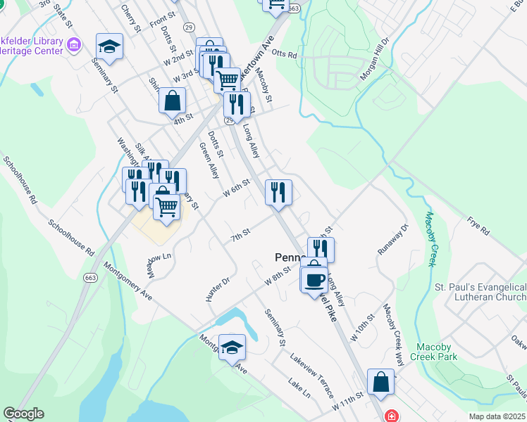 map of restaurants, bars, coffee shops, grocery stores, and more near 637 Main Street in Pennsburg