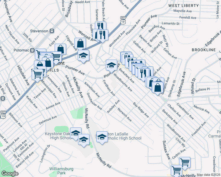 map of restaurants, bars, coffee shops, grocery stores, and more near 537 Fordham Avenue in Pittsburgh
