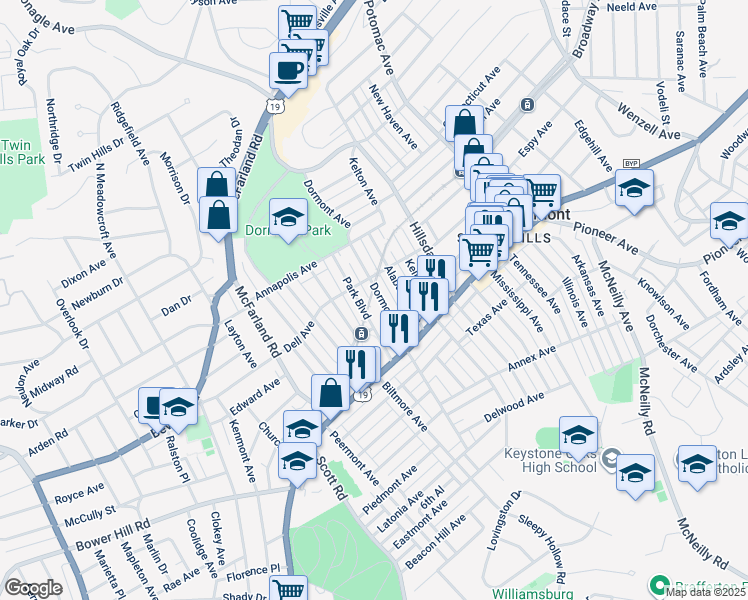 map of restaurants, bars, coffee shops, grocery stores, and more near in Dormont