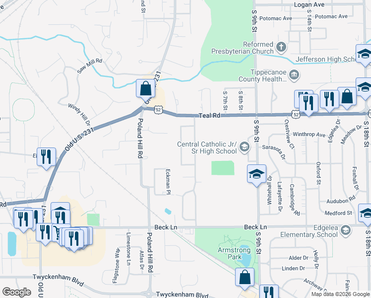map of restaurants, bars, coffee shops, grocery stores, and more near 2313 Ellen Drive in Lafayette