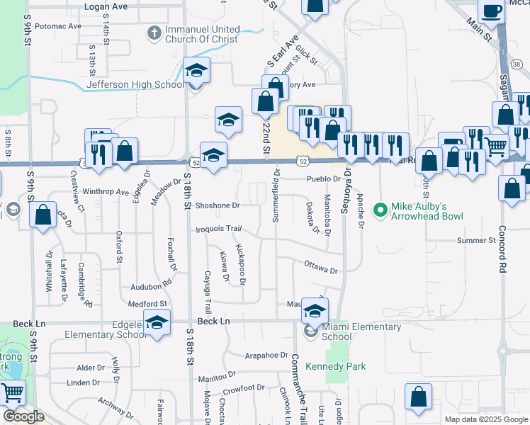 map of restaurants, bars, coffee shops, grocery stores, and more near 1841 Shoshone Drive in Lafayette