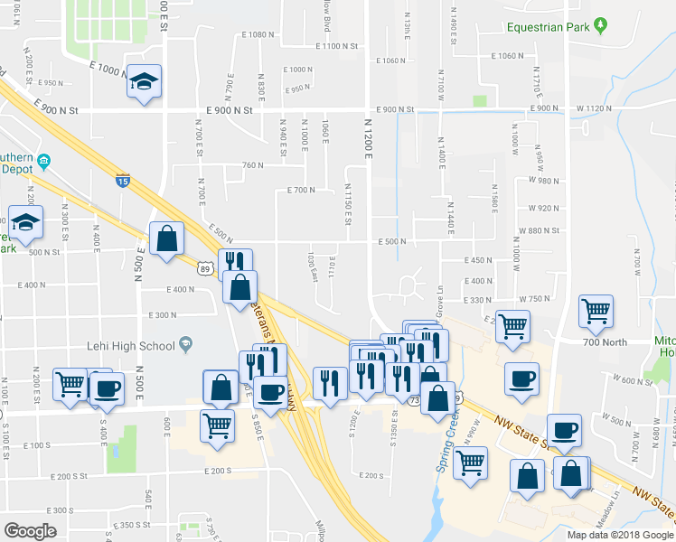 map of restaurants, bars, coffee shops, grocery stores, and more near 438 1110 East in Lehi