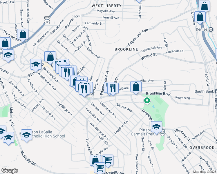 map of restaurants, bars, coffee shops, grocery stores, and more near 2321 Edgebrook Avenue in Pittsburgh