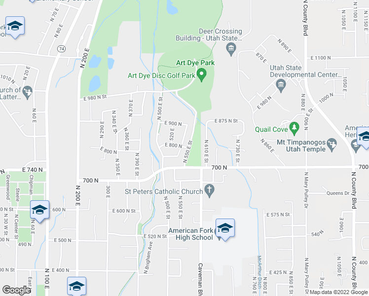 map of restaurants, bars, coffee shops, grocery stores, and more near 763 North 550 East Street in American Fork