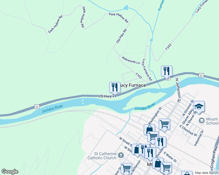 map of restaurants, bars, coffee shops, grocery stores, and more near 21 Substation Road in Mount Union