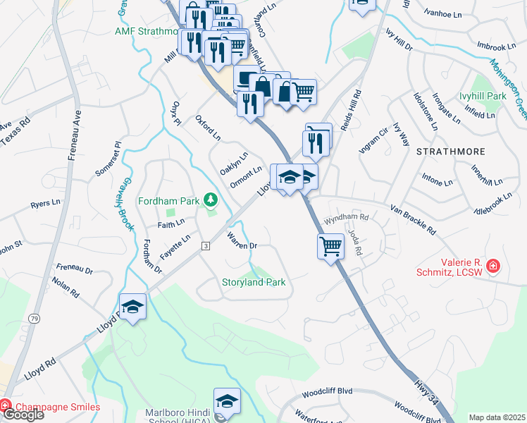 map of restaurants, bars, coffee shops, grocery stores, and more near 242 Lloyd Road in Matawan