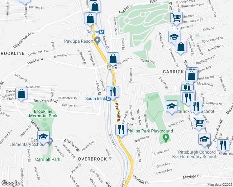 map of restaurants, bars, coffee shops, grocery stores, and more near 1933 Saw Mill Run Boulevard in Pittsburgh