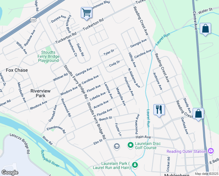 map of restaurants, bars, coffee shops, grocery stores, and more near 601 Lobelia Avenue in Reading