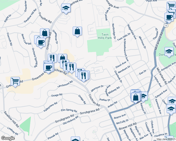 map of restaurants, bars, coffee shops, grocery stores, and more near 500 Brouwers Road in Latrobe