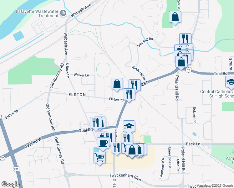 map of restaurants, bars, coffee shops, grocery stores, and more near 20 Elston Road in Lafayette