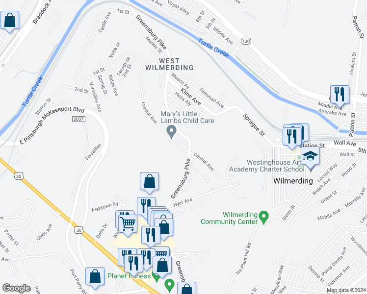 map of restaurants, bars, coffee shops, grocery stores, and more near 108 Central Avenue in North Versailles