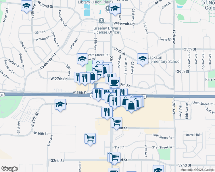 map of restaurants, bars, coffee shops, grocery stores, and more near 2707a 27th Street in Greeley