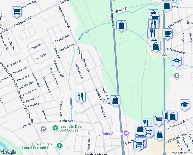 map of restaurants, bars, coffee shops, grocery stores, and more near 3500 Sheidy Avenue in Reading
