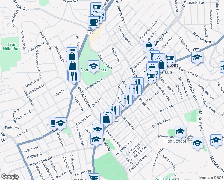 map of restaurants, bars, coffee shops, grocery stores, and more near 1489 Park Boulevard in Pittsburgh