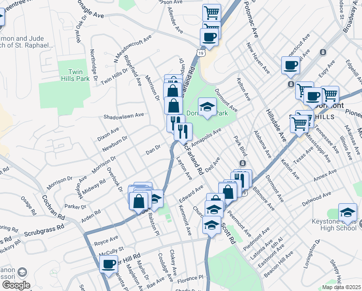 map of restaurants, bars, coffee shops, grocery stores, and more near 110 Beverly Road in Mt. Lebanon
