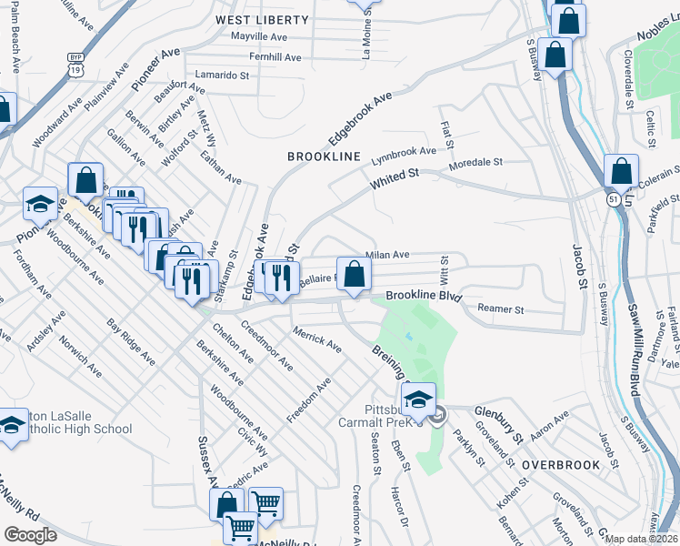 map of restaurants, bars, coffee shops, grocery stores, and more near 1232 Milan Avenue in Pittsburgh