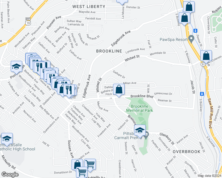 map of restaurants, bars, coffee shops, grocery stores, and more near 1232 Milan Avenue in Pittsburgh
