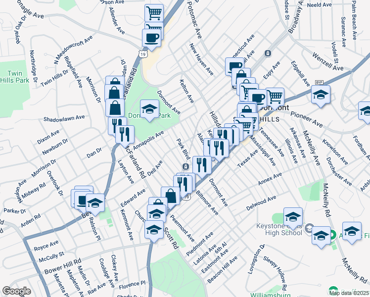 map of restaurants, bars, coffee shops, grocery stores, and more near in Dormont