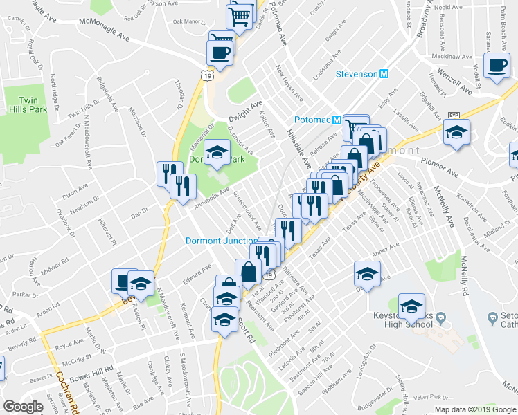 map of restaurants, bars, coffee shops, grocery stores, and more near in Dormont